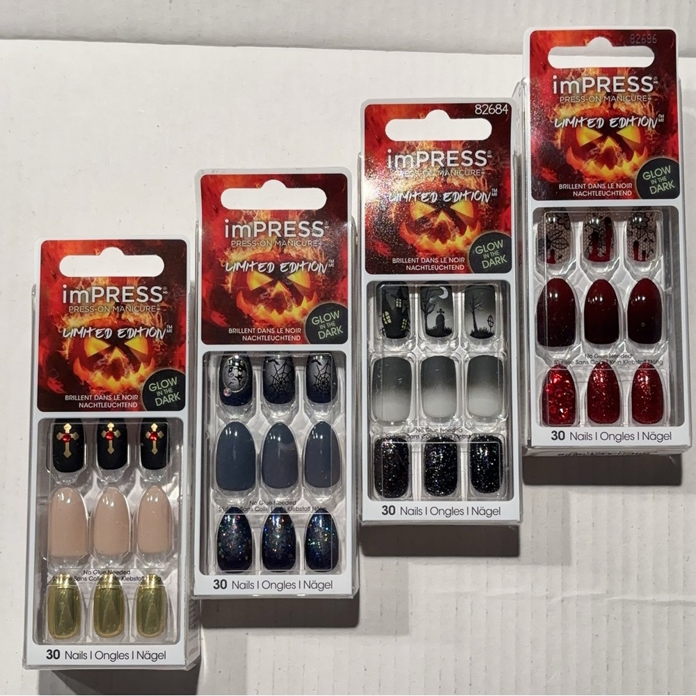 Lot of 4 imPRESS KISS Limited Edition Halloween Press On Nails Glow in dark